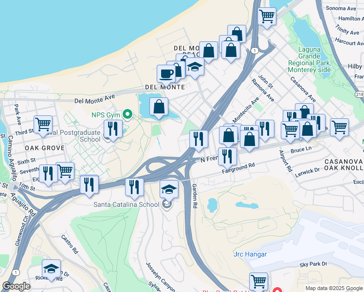 map of restaurants, bars, coffee shops, grocery stores, and more near 405 Garden Avenue in Monterey