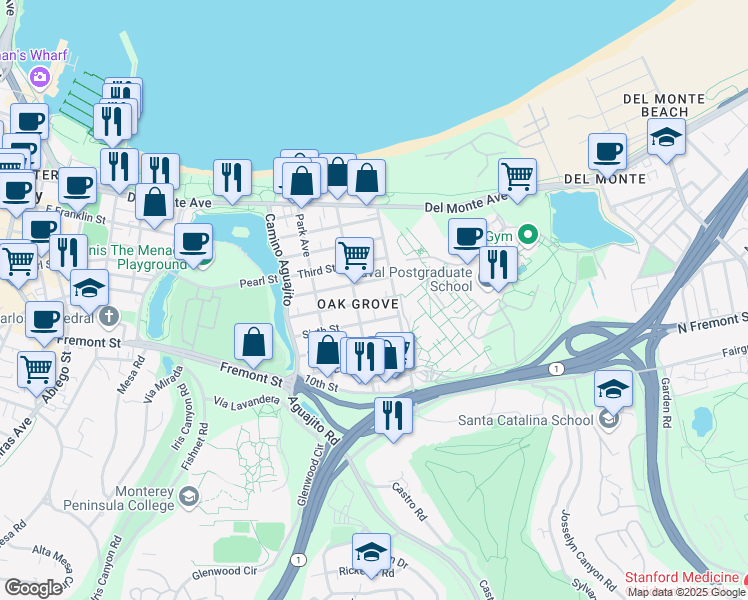 map of restaurants, bars, coffee shops, grocery stores, and more near 1220A Fourth Street in Monterey