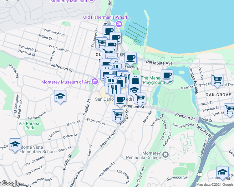 map of restaurants, bars, coffee shops, grocery stores, and more near 556 Abrego Street in Monterey