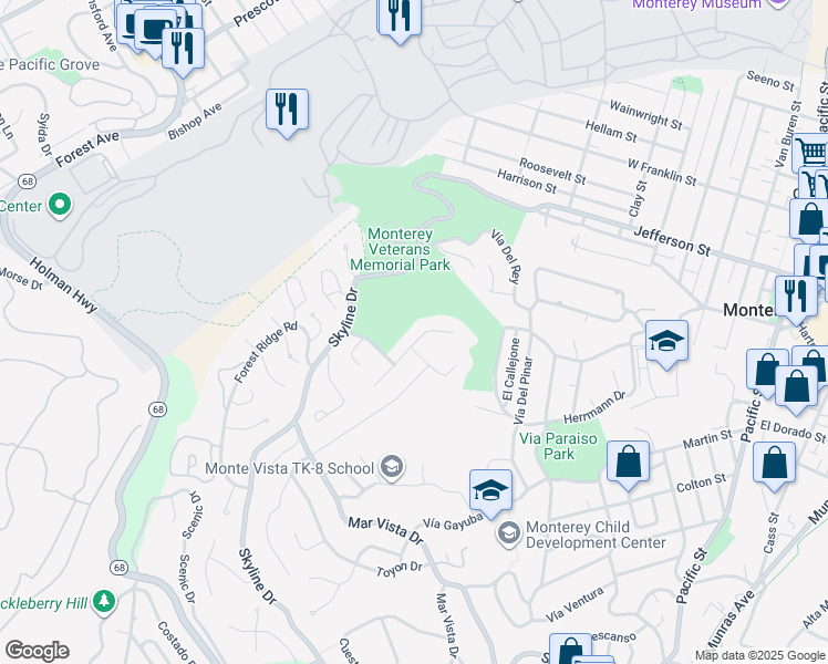 map of restaurants, bars, coffee shops, grocery stores, and more near 12 Cramden Drive in Monterey