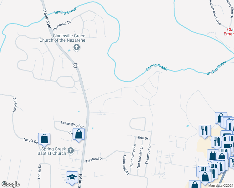 map of restaurants, bars, coffee shops, grocery stores, and more near Gibbs Lane in Clarksville