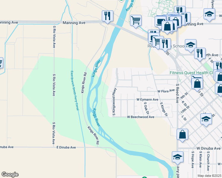 map of restaurants, bars, coffee shops, grocery stores, and more near 115 North Kingswood Parkway in Reedley