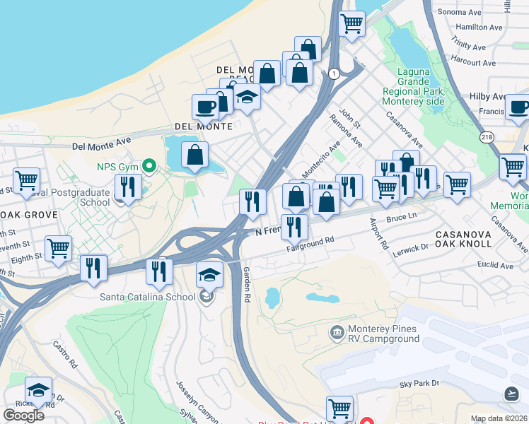 map of restaurants, bars, coffee shops, grocery stores, and more near 419 Palo Verde Avenue in Monterey