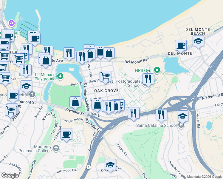 map of restaurants, bars, coffee shops, grocery stores, and more near 1220A Fourth Street in Monterey
