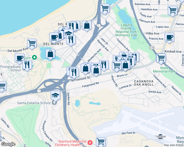 map of restaurants, bars, coffee shops, grocery stores, and more near 430 Casa Verde Way in Monterey