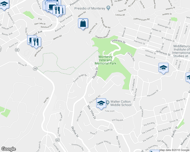 map of restaurants, bars, coffee shops, grocery stores, and more near 1 Huckleberry Drive in Monterey