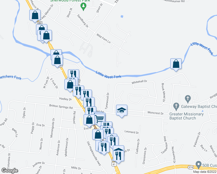 map of restaurants, bars, coffee shops, grocery stores, and more near 2082 Tynewood Drive in Clarksville