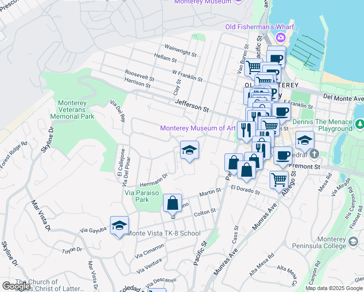 map of restaurants, bars, coffee shops, grocery stores, and more near 101 Herrmann Drive in Monterey