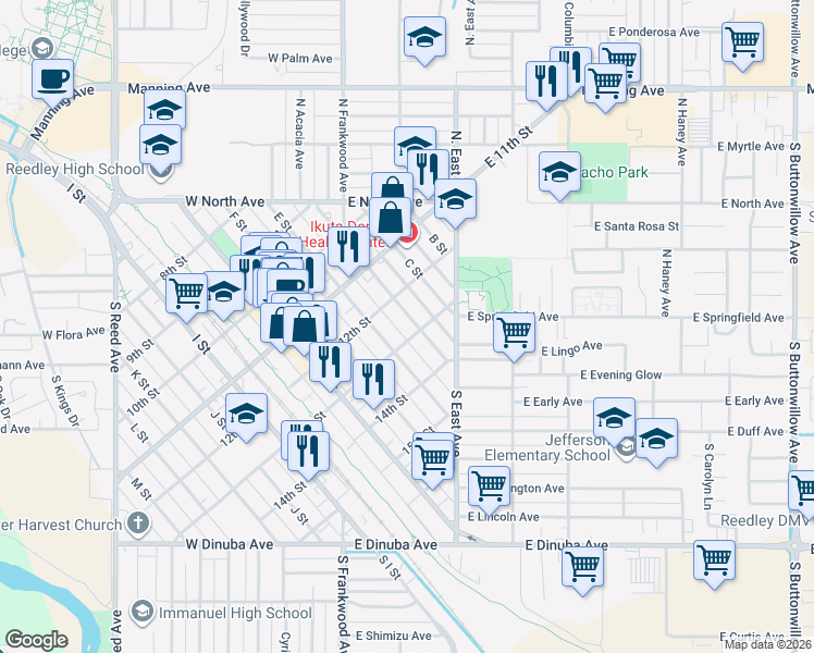 map of restaurants, bars, coffee shops, grocery stores, and more near 1219 D Street in Reedley