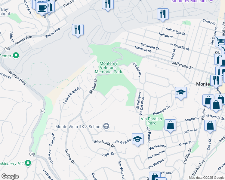 map of restaurants, bars, coffee shops, grocery stores, and more near 12 Cramden Drive in Monterey