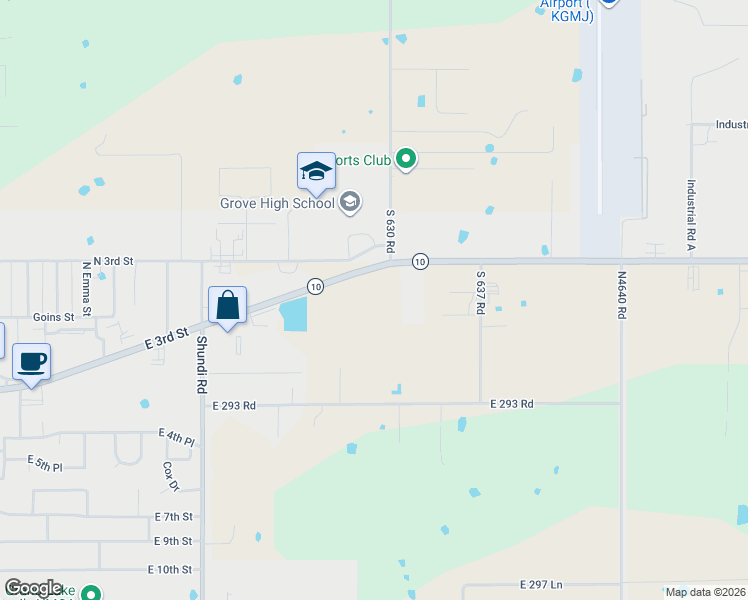 map of restaurants, bars, coffee shops, grocery stores, and more near 63401 East 290 Road in Grove