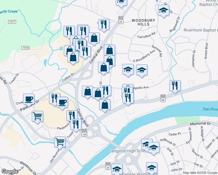 map of restaurants, bars, coffee shops, grocery stores, and more near 300 Apollo Avenue in Danville