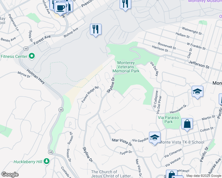 map of restaurants, bars, coffee shops, grocery stores, and more near Skyline Dr & Huckleberry Dr in Monterey