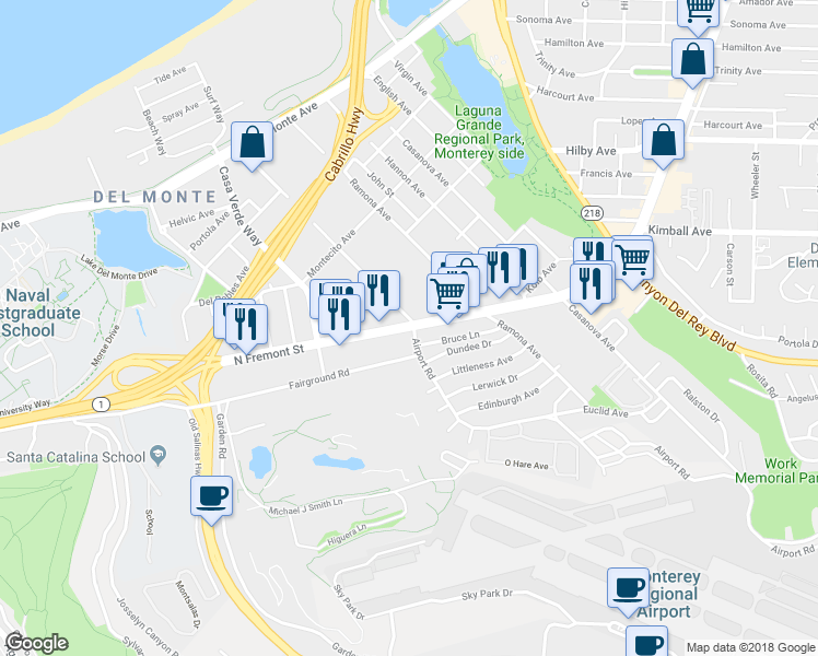 map of restaurants, bars, coffee shops, grocery stores, and more near 2198 North Fremont Street in Monterey