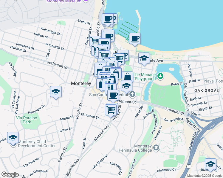 map of restaurants, bars, coffee shops, grocery stores, and more near 556 Abrego Street in Monterey