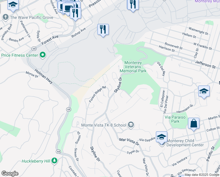 map of restaurants, bars, coffee shops, grocery stores, and more near 3 Overlook Place in Monterey