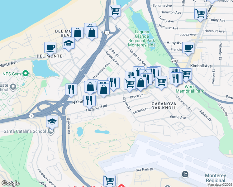 map of restaurants, bars, coffee shops, grocery stores, and more near North Fremont Street in Monterey