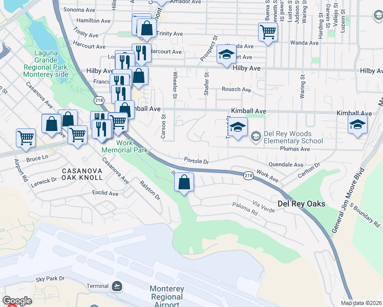 map of restaurants, bars, coffee shops, grocery stores, and more near 10 Boronda Way in Del Rey Oaks