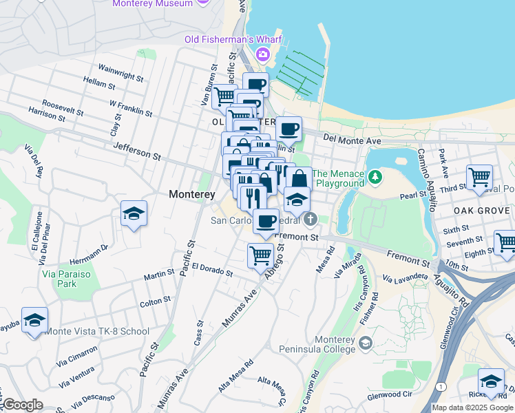 map of restaurants, bars, coffee shops, grocery stores, and more near 556 Abrego Street in Monterey
