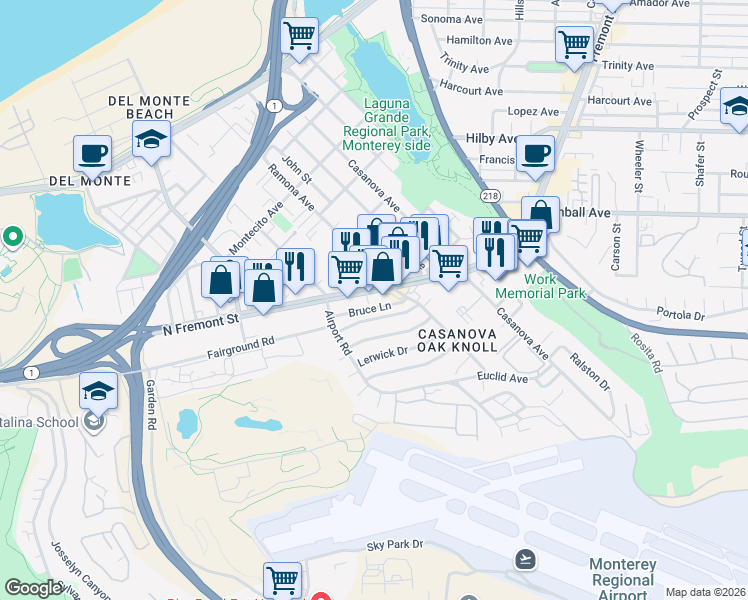 map of restaurants, bars, coffee shops, grocery stores, and more near North Fremont Street in Monterey