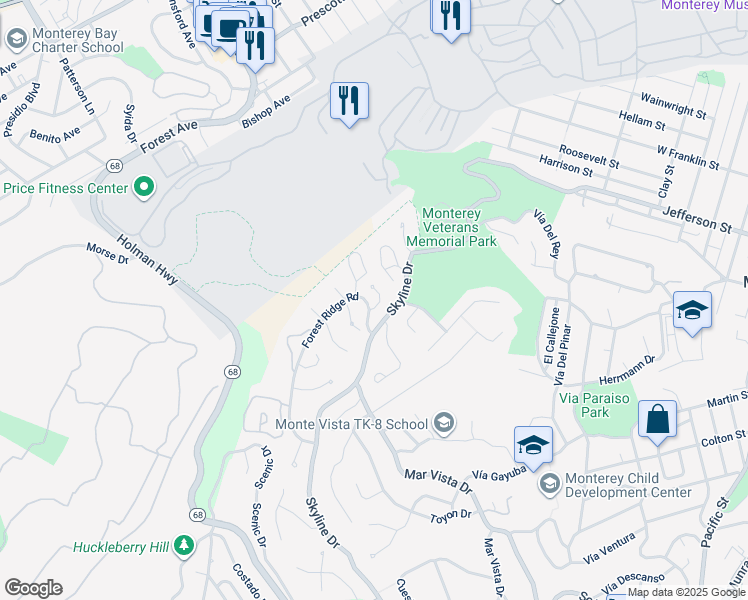 map of restaurants, bars, coffee shops, grocery stores, and more near 1 Overlook Place in Monterey