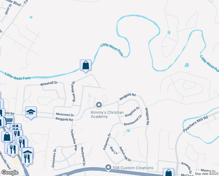 map of restaurants, bars, coffee shops, grocery stores, and more near 495 Ringgold Road in Clarksville