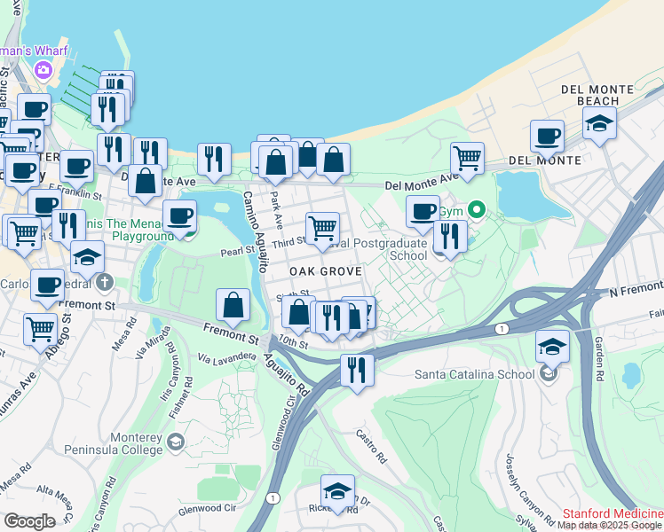 map of restaurants, bars, coffee shops, grocery stores, and more near 1220A Fourth Street in Monterey