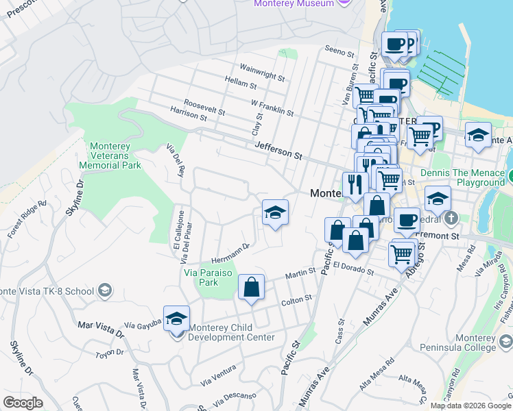 map of restaurants, bars, coffee shops, grocery stores, and more near 6 La Selva Court in Monterey