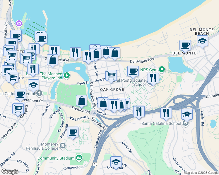 map of restaurants, bars, coffee shops, grocery stores, and more near 456 Ocean Avenue in Monterey