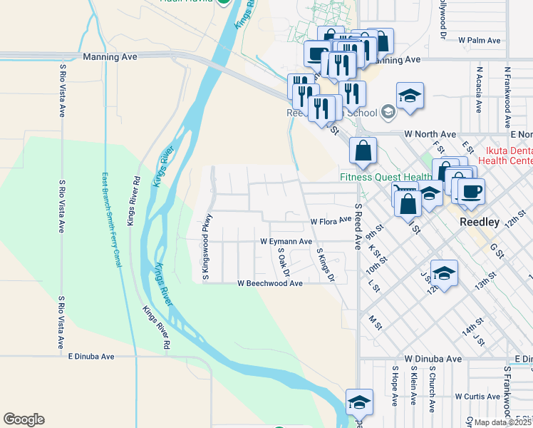 map of restaurants, bars, coffee shops, grocery stores, and more near 116 West Flora Avenue in Reedley