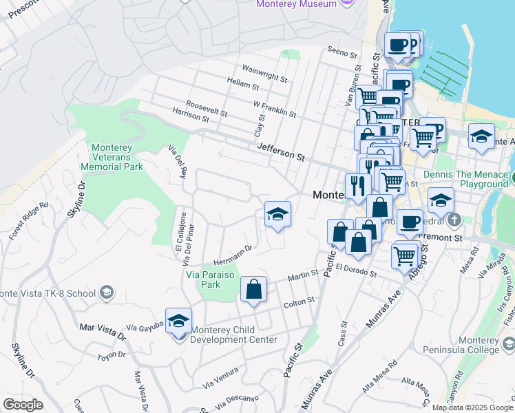 map of restaurants, bars, coffee shops, grocery stores, and more near 6 La Selva Court in Monterey