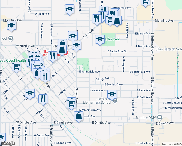 map of restaurants, bars, coffee shops, grocery stores, and more near 116 North Sunset Avenue in Reedley