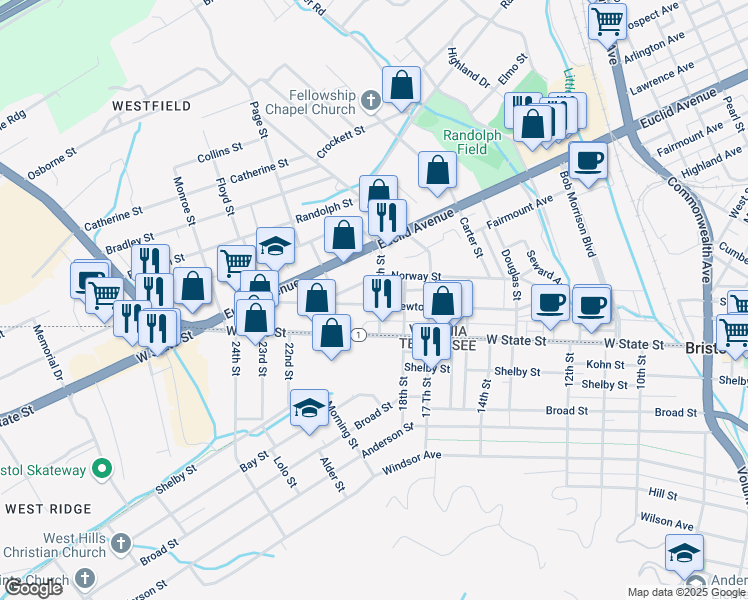map of restaurants, bars, coffee shops, grocery stores, and more near 100 19th Street in Bristol