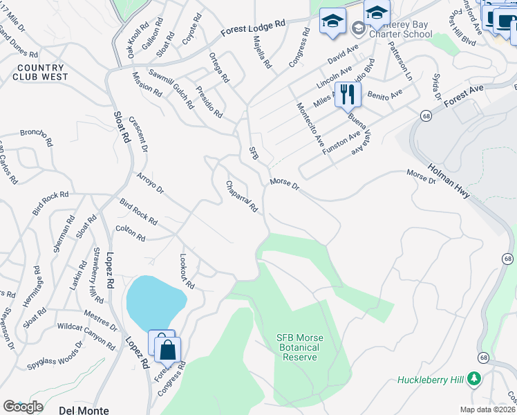 map of restaurants, bars, coffee shops, grocery stores, and more near 2940 Congress Road in Del Monte Forest