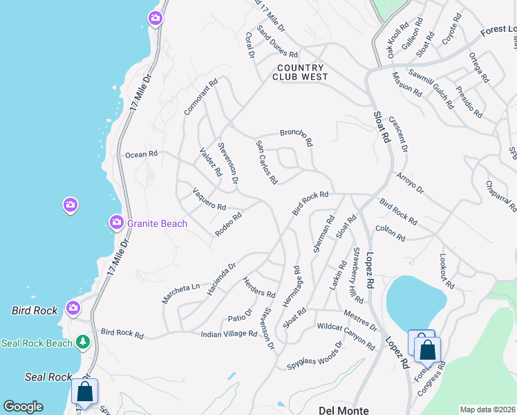 map of restaurants, bars, coffee shops, grocery stores, and more near 1060 Rodeo Road in Del Monte Forest