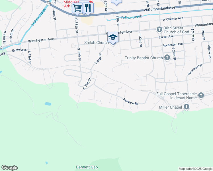 map of restaurants, bars, coffee shops, grocery stores, and more near 501 South 35th Street in Middlesboro