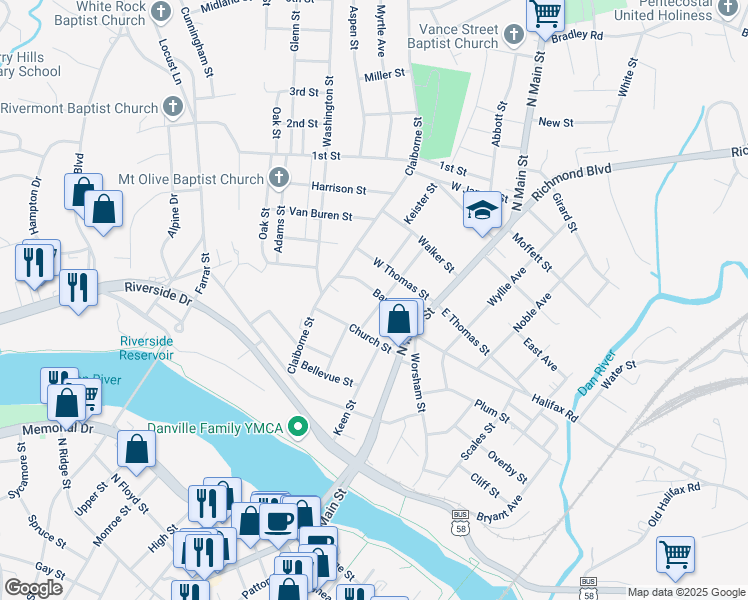 map of restaurants, bars, coffee shops, grocery stores, and more near 136 Baugh Street in Danville