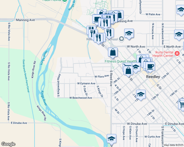 map of restaurants, bars, coffee shops, grocery stores, and more near 1232 West Flora Avenue in Reedley