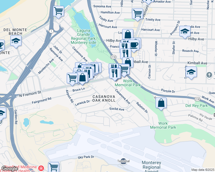 map of restaurants, bars, coffee shops, grocery stores, and more near 696 Casanova Avenue in Monterey