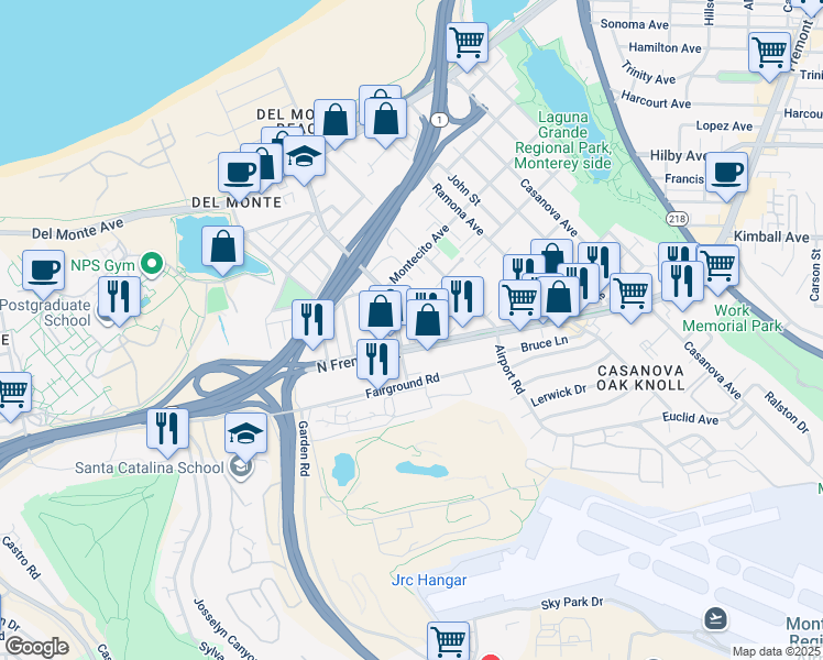 map of restaurants, bars, coffee shops, grocery stores, and more near 430 Casa Verde Way in Monterey