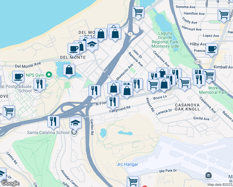 map of restaurants, bars, coffee shops, grocery stores, and more near 430 Casa Verde Way in Monterey