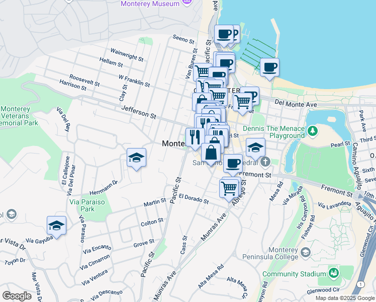 map of restaurants, bars, coffee shops, grocery stores, and more near in Monterey