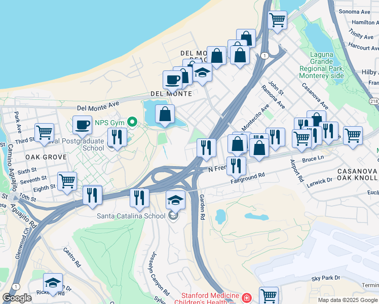 map of restaurants, bars, coffee shops, grocery stores, and more near 405 Garden Avenue in Monterey