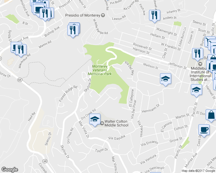 map of restaurants, bars, coffee shops, grocery stores, and more near 12 Cramden Drive in Monterey