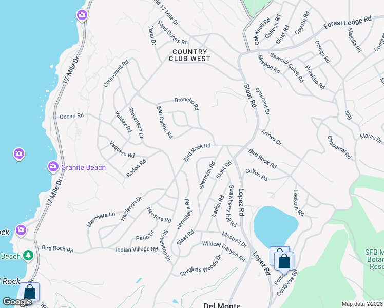 map of restaurants, bars, coffee shops, grocery stores, and more near 3045 Bird Rock Road in Del Monte Forest