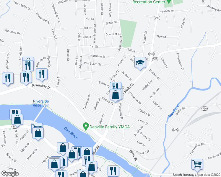 map of restaurants, bars, coffee shops, grocery stores, and more near 203 Baugh Street in Danville