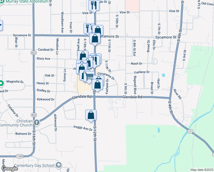 map of restaurants, bars, coffee shops, grocery stores, and more near 1006 Irene Terrace in Murray