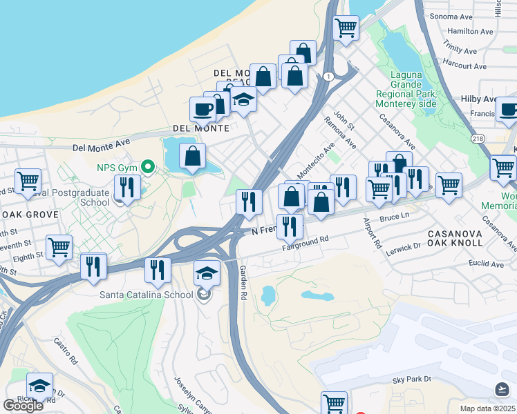 map of restaurants, bars, coffee shops, grocery stores, and more near 419 Palo Verde Avenue in Monterey