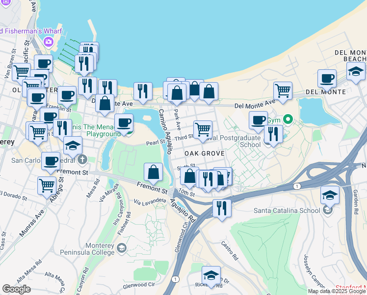 map of restaurants, bars, coffee shops, grocery stores, and more near Park Avenue & Fourth Street in Monterey