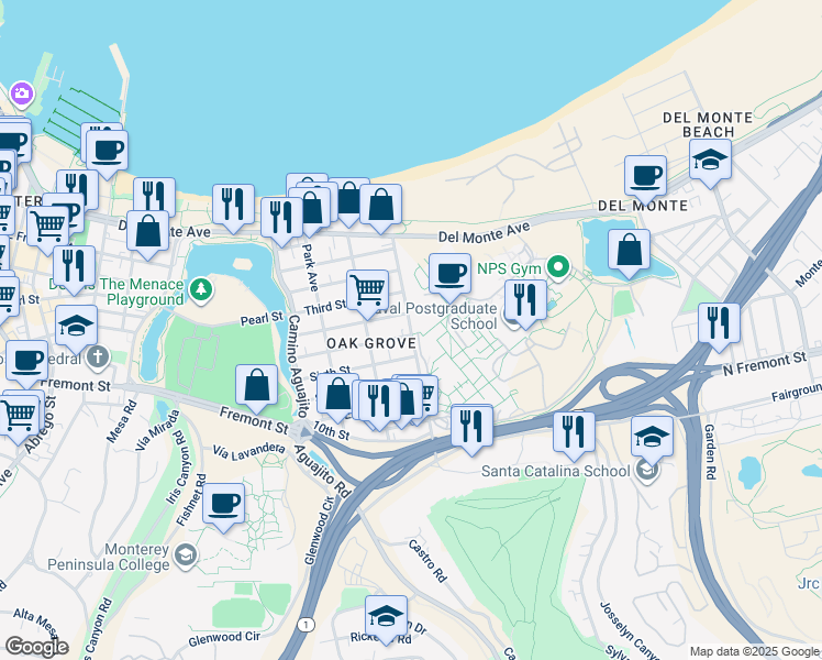map of restaurants, bars, coffee shops, grocery stores, and more near 470 Sloat Avenue in Monterey